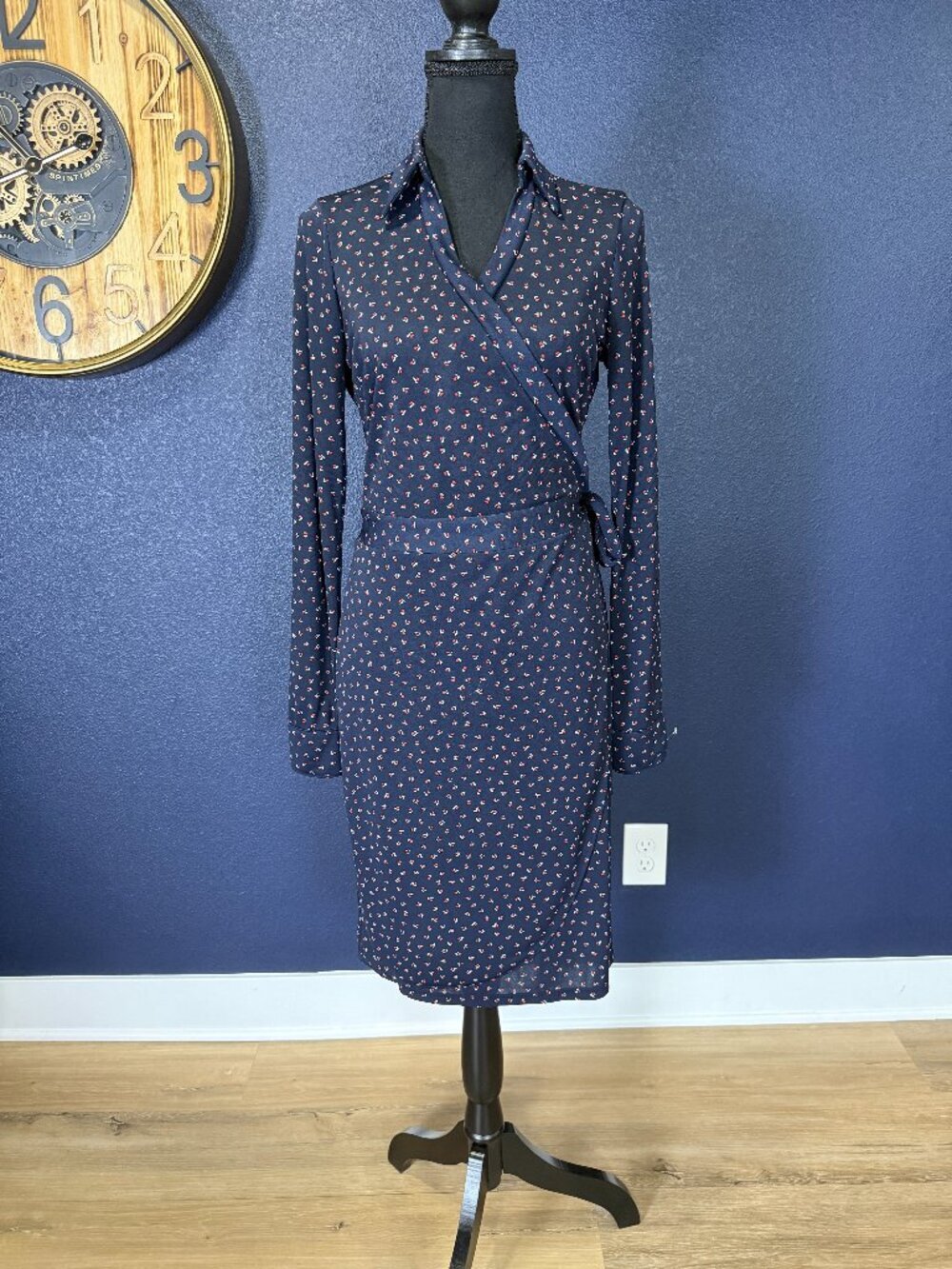 The Limited Navy Ditsy Floral Faux Wrap Long Sleeve Knee Length Dress | M